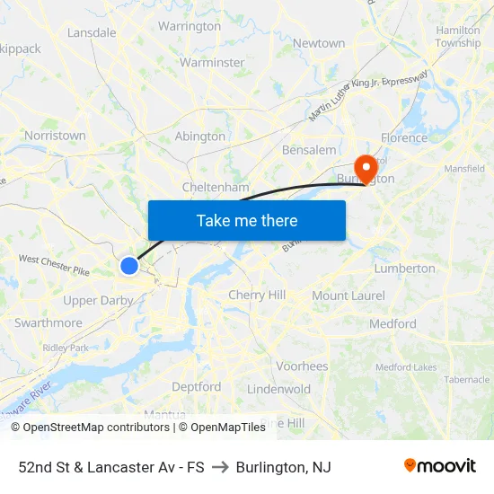 52nd St & Lancaster Av - FS to Burlington, NJ map