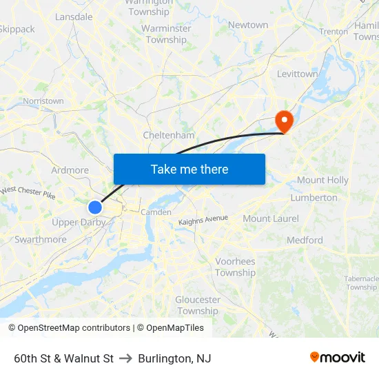 60th St & Walnut St to Burlington, NJ map