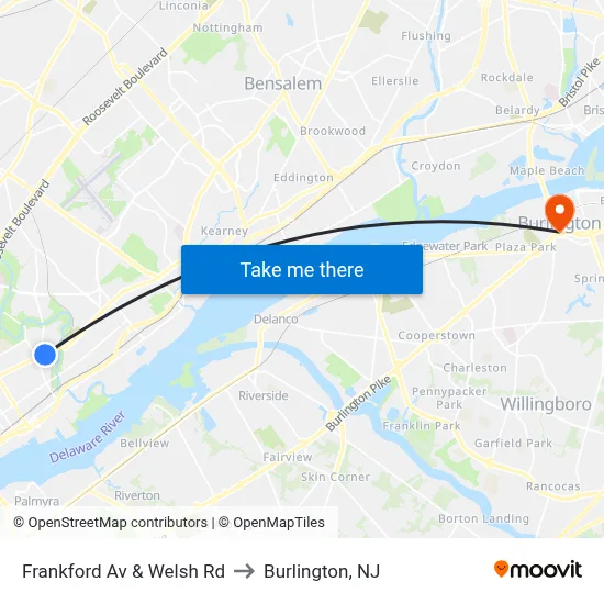 Frankford Av & Welsh Rd to Burlington, NJ map