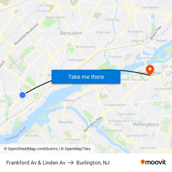 Frankford Av & Linden Av to Burlington, NJ map