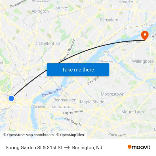 Spring Garden St & 31st St to Burlington, NJ map