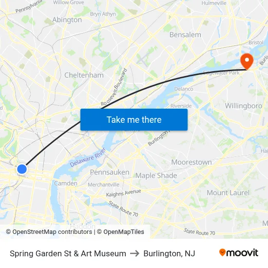 Spring Garden St & Art Museum to Burlington, NJ map