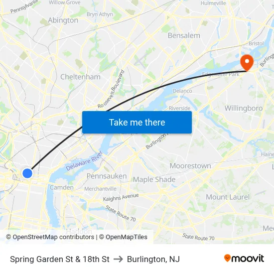 Spring Garden St & 18th St to Burlington, NJ map