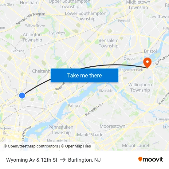 Wyoming Av & 12th St to Burlington, NJ map