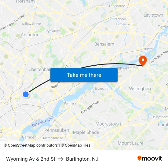 Wyoming Av & 2nd St to Burlington, NJ map