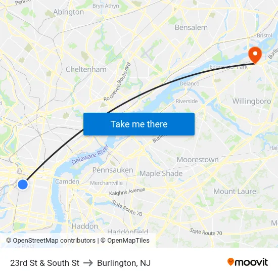 23rd St & South St to Burlington, NJ map