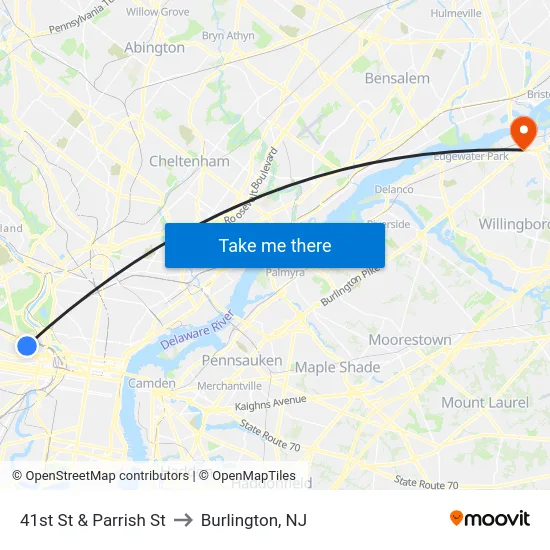 41st St & Parrish St to Burlington, NJ map