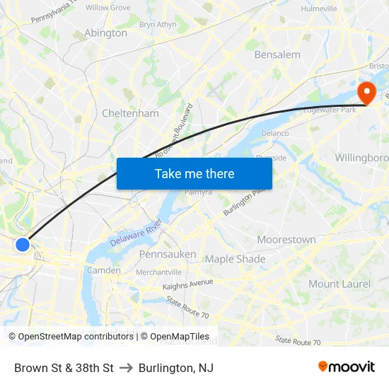 Brown St & 38th St to Burlington, NJ map