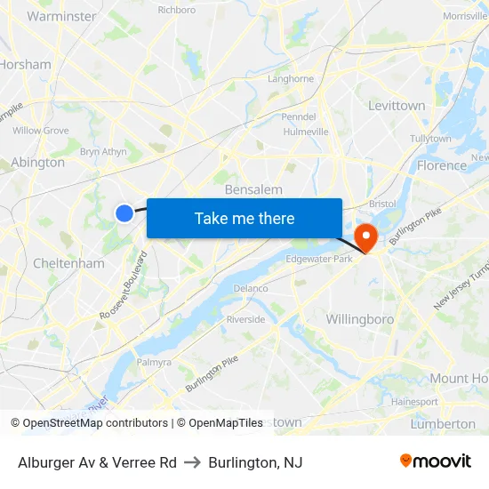 Alburger Av & Verree Rd to Burlington, NJ map