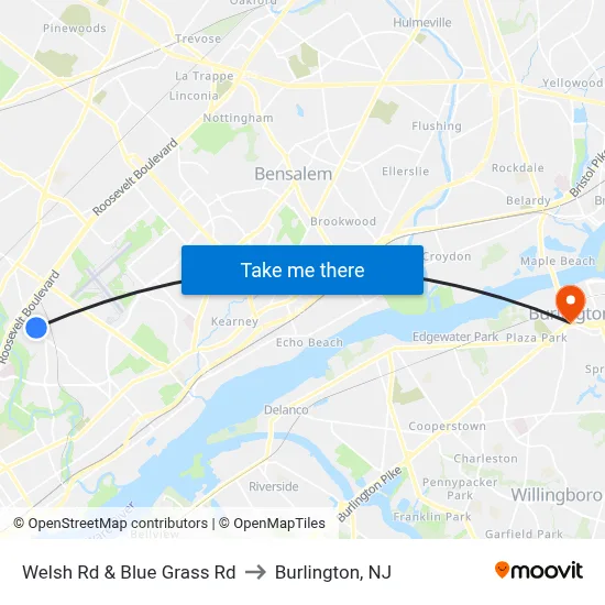 Welsh Rd & Blue Grass Rd to Burlington, NJ map