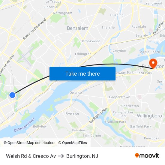 Welsh Rd & Cresco Av to Burlington, NJ map