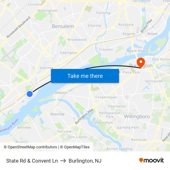 State Rd & Convent Ln to Burlington, NJ map