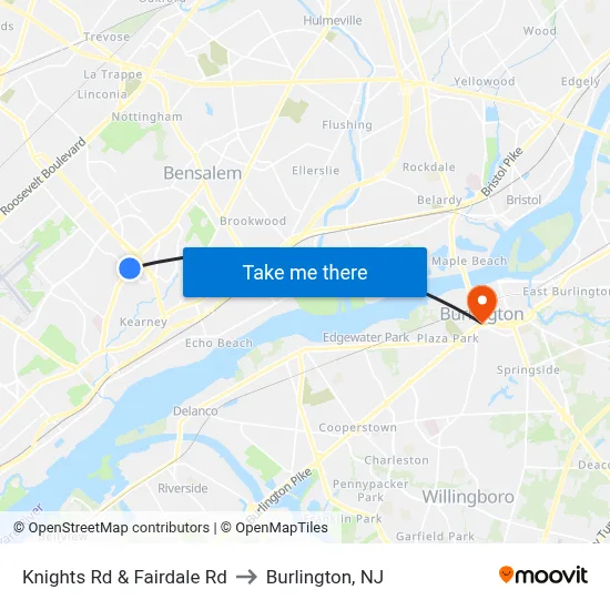 Knights Rd & Fairdale Rd to Burlington, NJ map