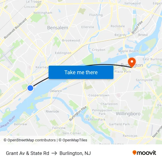 Grant Av & State Rd to Burlington, NJ map