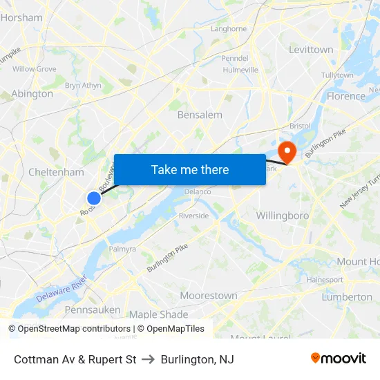 Cottman Av & Rupert St to Burlington, NJ map