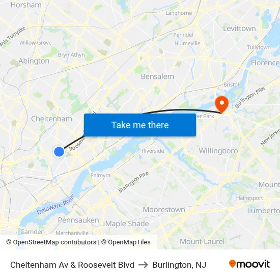 Cheltenham Av & Roosevelt Blvd to Burlington, NJ map