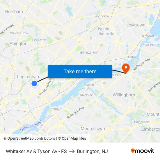 Whitaker Av & Tyson Av - FS to Burlington, NJ map