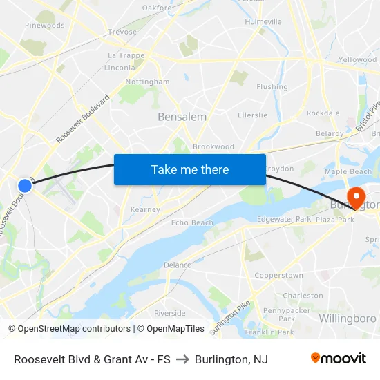 Roosevelt Blvd & Grant Av - FS to Burlington, NJ map