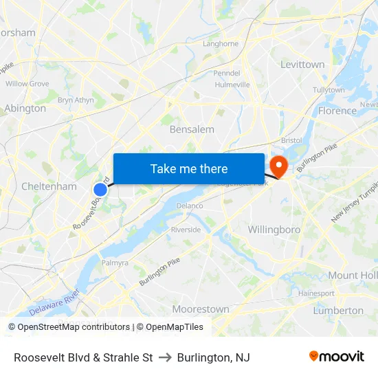 Roosevelt Blvd & Strahle St to Burlington, NJ map