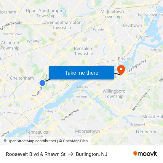 Roosevelt Blvd & Rhawn St to Burlington, NJ map