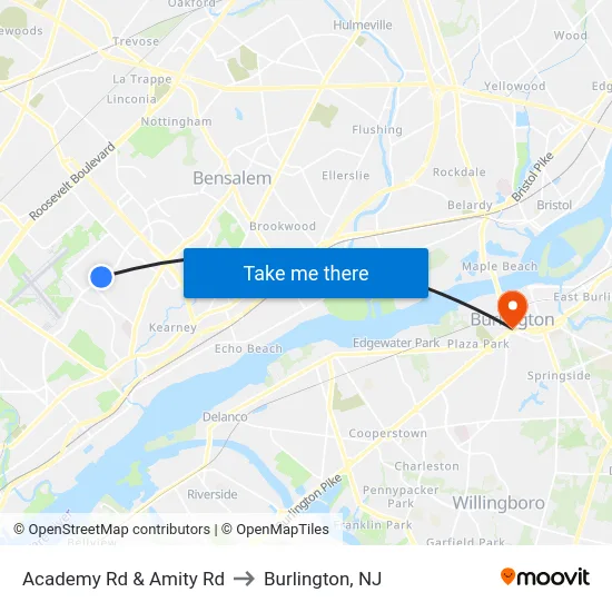 Academy Rd & Amity Rd to Burlington, NJ map