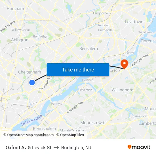 Oxford Av & Levick St to Burlington, NJ map