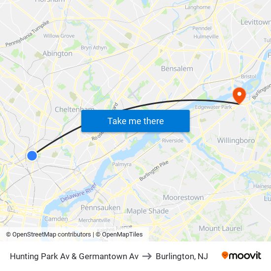 Hunting Park Av & Germantown Av to Burlington, NJ map