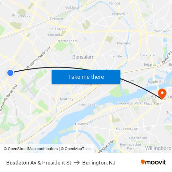 Bustleton Av & President St to Burlington, NJ map
