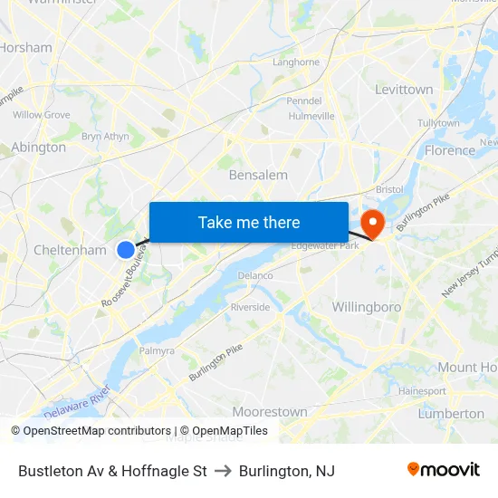 Bustleton Av & Hoffnagle St to Burlington, NJ map