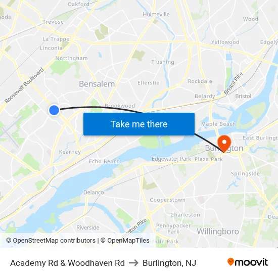 Academy Rd & Woodhaven Rd to Burlington, NJ map