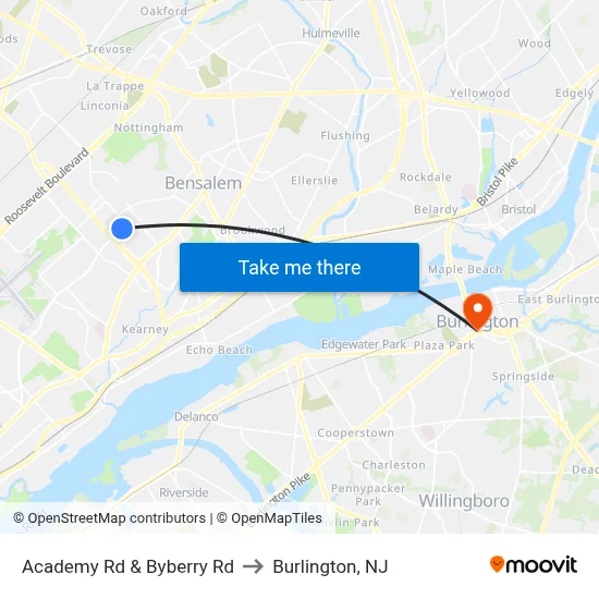 Academy Rd & Byberry Rd to Burlington, NJ map