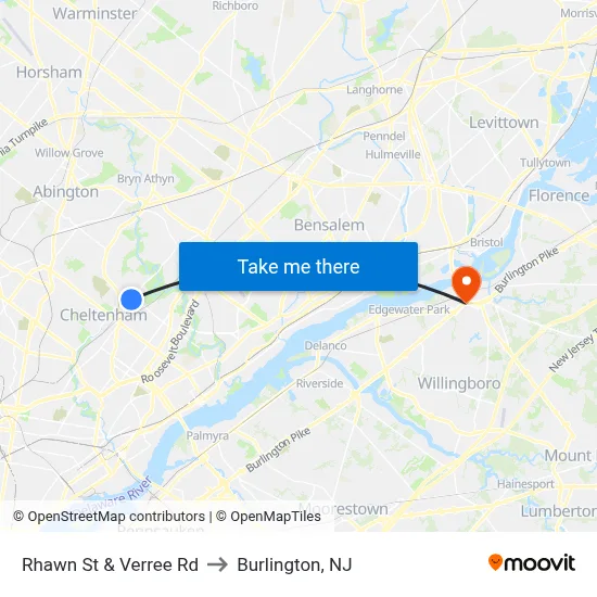 Rhawn St & Verree Rd to Burlington, NJ map