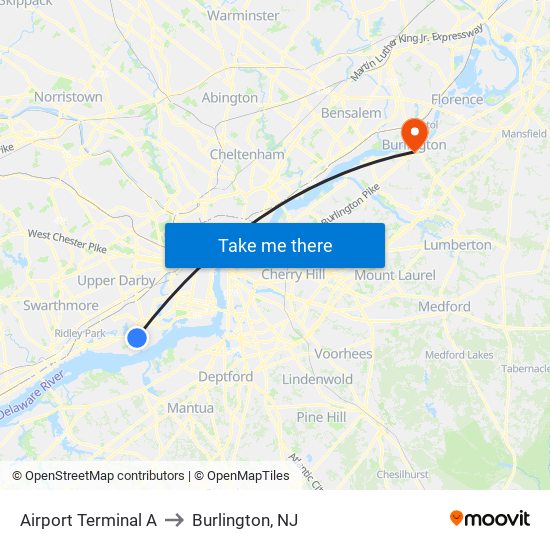 Airport Terminal A to Burlington, NJ map