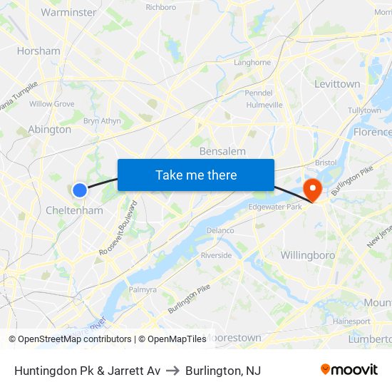 Huntingdon Pk & Jarrett Av to Burlington, NJ map