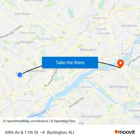 69th Av & 11th St to Burlington, NJ map