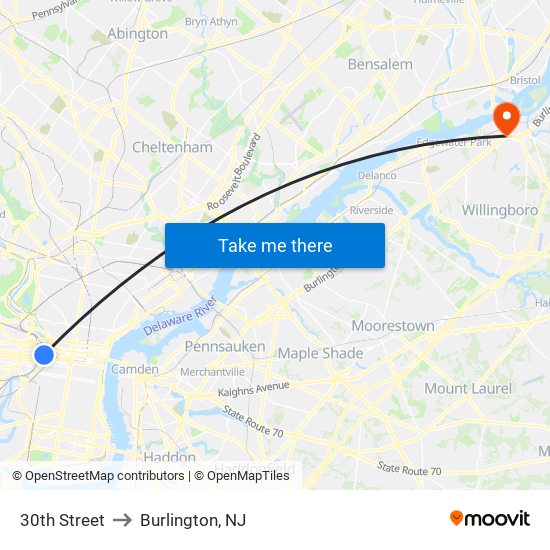30th Street to Burlington, NJ map