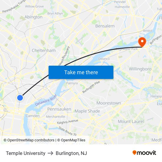 Temple University to Burlington, NJ map