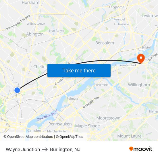 Wayne Junction to Burlington, NJ map