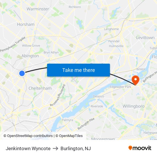 Jenkintown Wyncote to Burlington, NJ map
