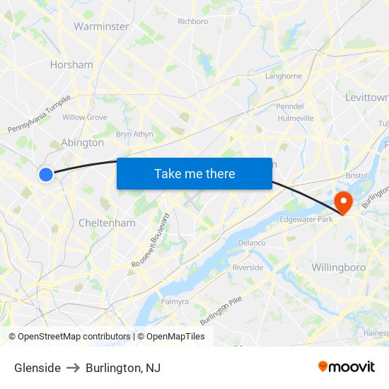 Glenside to Burlington, NJ map
