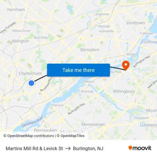 Martins Mill Rd & Levick St to Burlington, NJ map