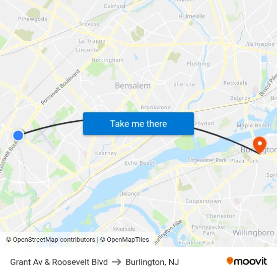 Grant Av & Roosevelt Blvd to Burlington, NJ map
