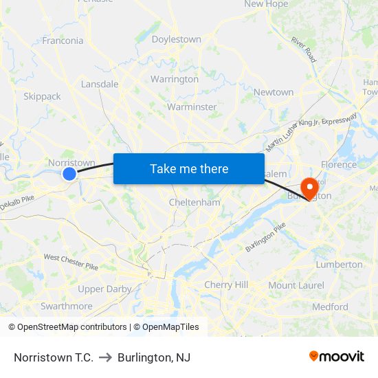 Norristown T.C. to Burlington, NJ map