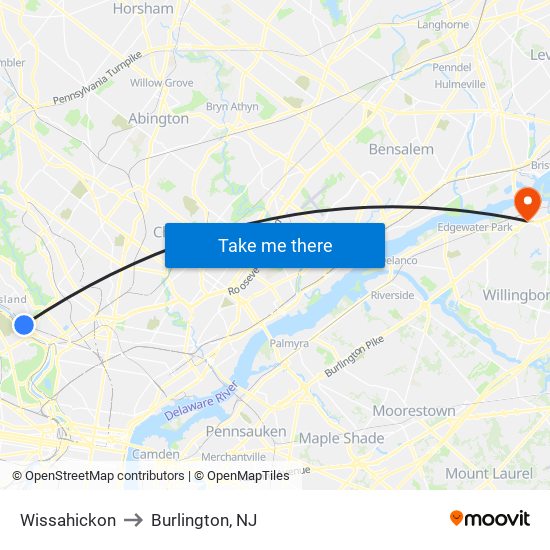 Wissahickon to Burlington, NJ map