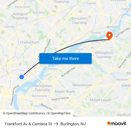 Frankford Av & Cambria St to Burlington, NJ map