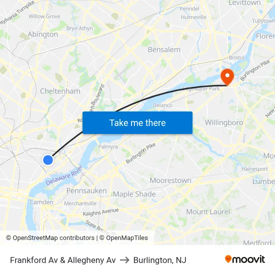 Frankford Av & Allegheny Av to Burlington, NJ map