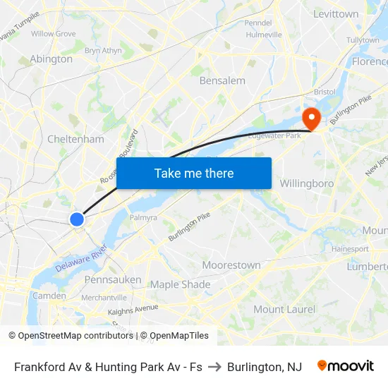Frankford Av & Hunting Park Av - Fs to Burlington, NJ map