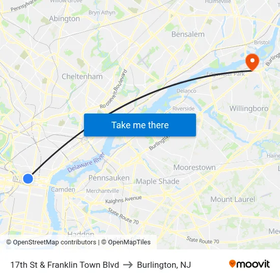 17th St & Franklin Town Blvd to Burlington, NJ map
