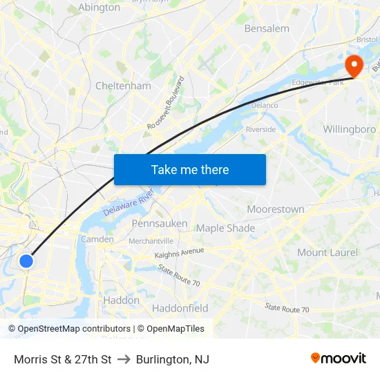Morris St & 27th St to Burlington, NJ map