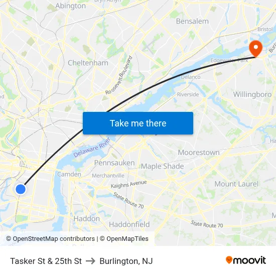 Tasker St & 25th St to Burlington, NJ map